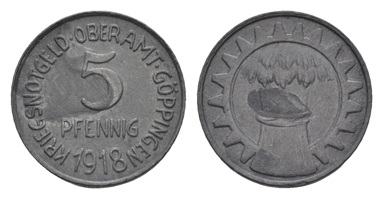 Геппинген 5 пфеннигов 1918 Funck 163.1, Men05 9198.1, Men18 11532.1 цинк 4516-1034