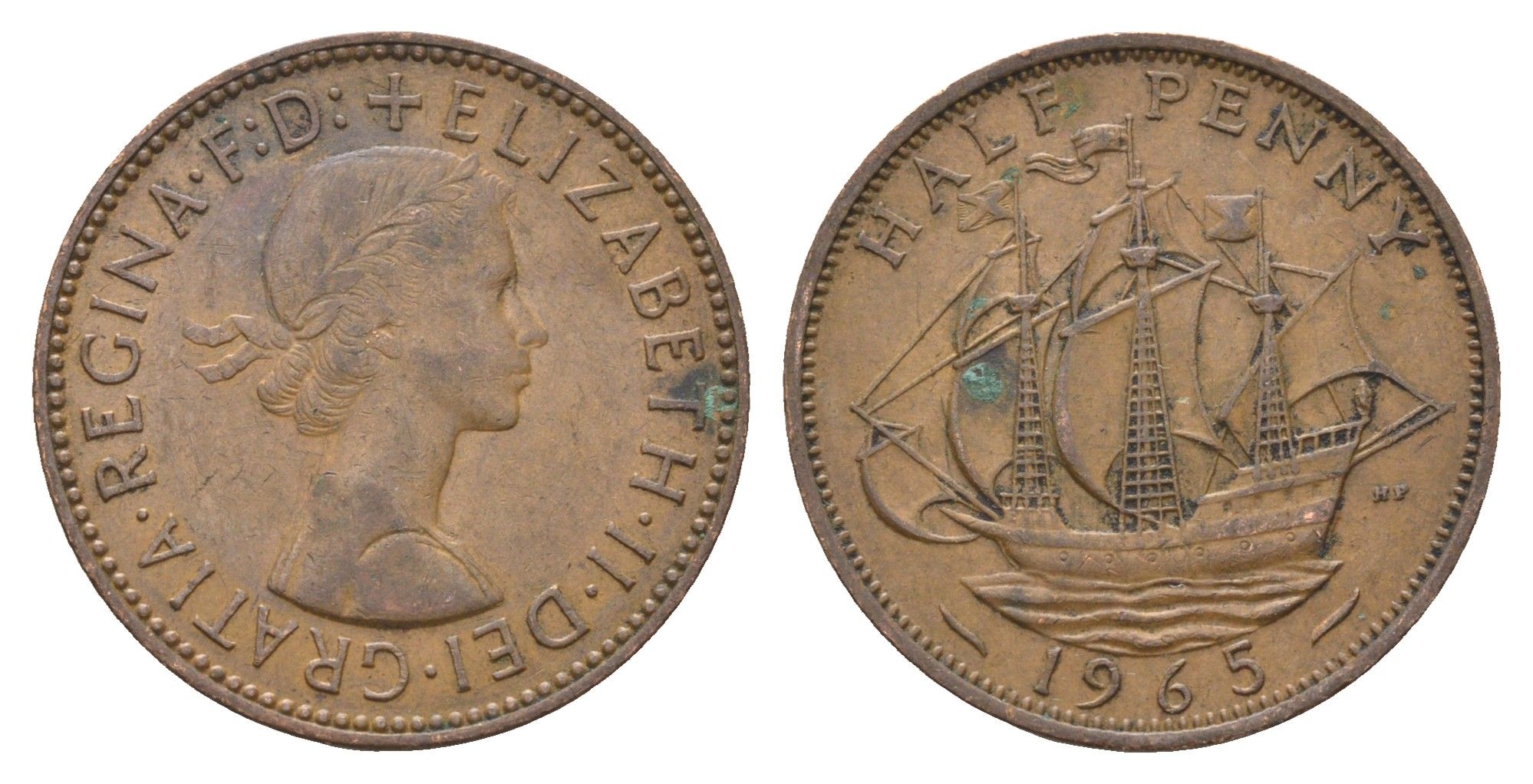 Великобритания 1/2 пенни 1965 Елизавета II (1952-2022) KM 896, Spink 4158 бронза 4662-1242