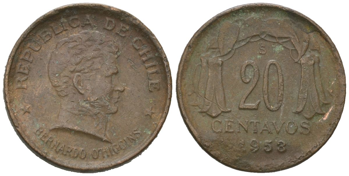 Чили 20 сентаво 1953 Бернардо Хиггинс KM 177 медь 4618-654