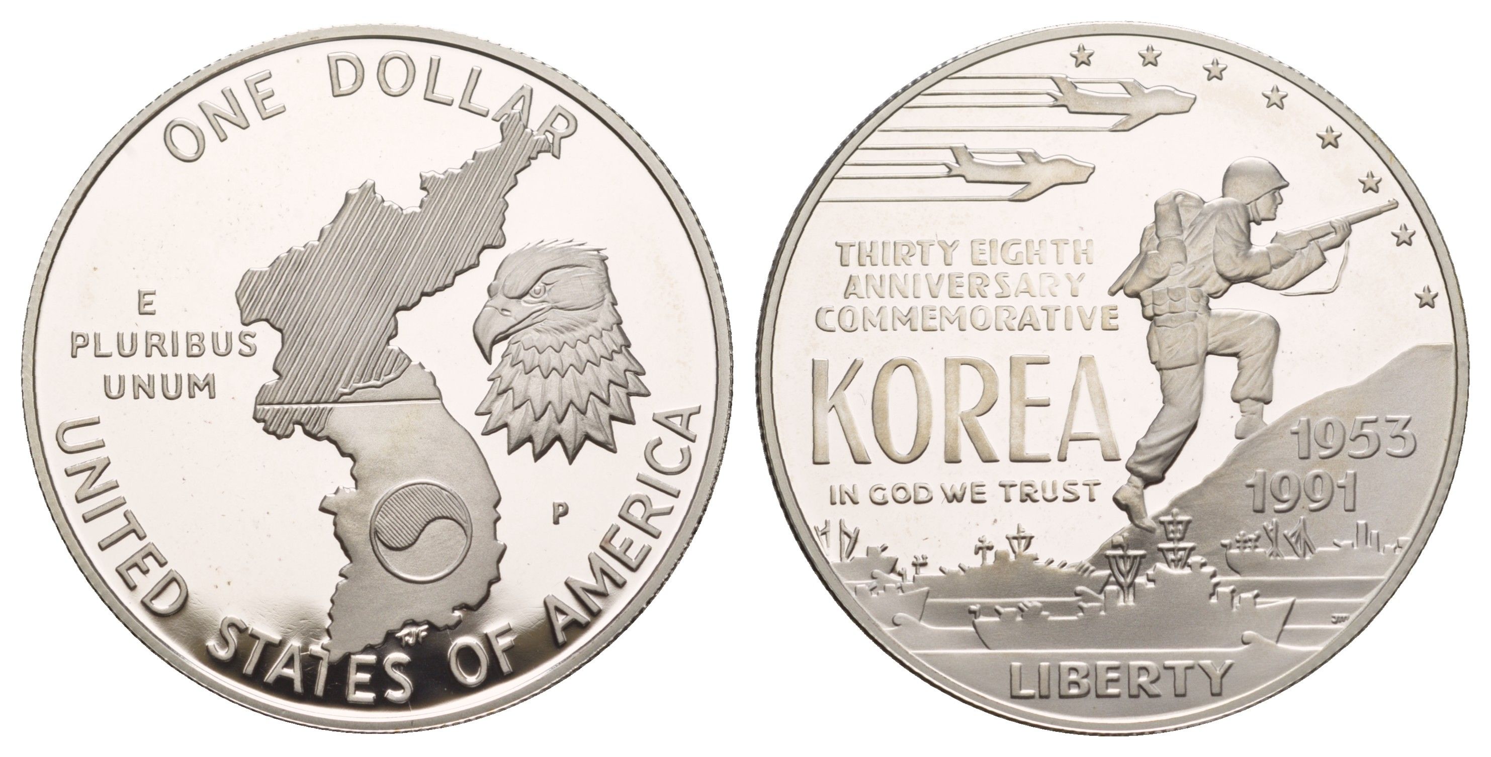 США 1 доллар 1991 P, 38 лет Корейской войне KM 231 серебро PROOF 11-255-32