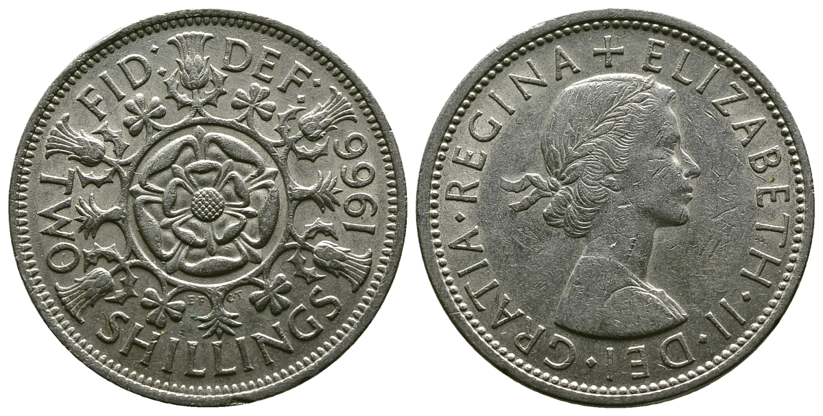 Великобритания 2 шиллинга (флорин) 1966 Елизавета II (1952-2022) KM 906, Spink 4146 медно-никель 4382-615
