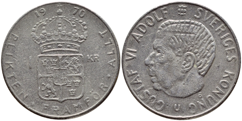 Швеция 1 крона 1970 Густав VI Адольф (1950-1973) KM 826a медь плакированная медно-никелем 4388-1152