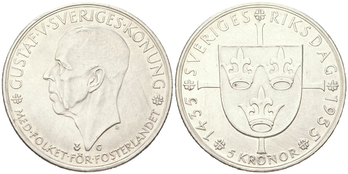 Швеция 5 крон 1935 500 лет Риксдагу - шведскому парламенту KM 806 серебро aUNC 4368-1022