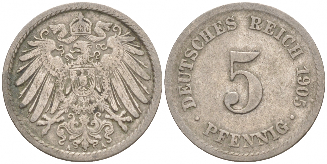 ГЕРМАНИЯ 5 ПФЕННИГОВ 1905 A, KM 11, J. 12 медно-никель 73-1757