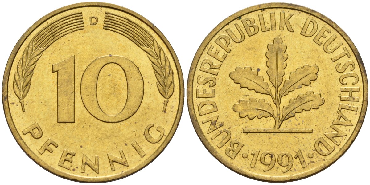 ФРГ 10 пфеннигов 1991 D KM 108, J. 383 сталь плакированная латунью 4175-957