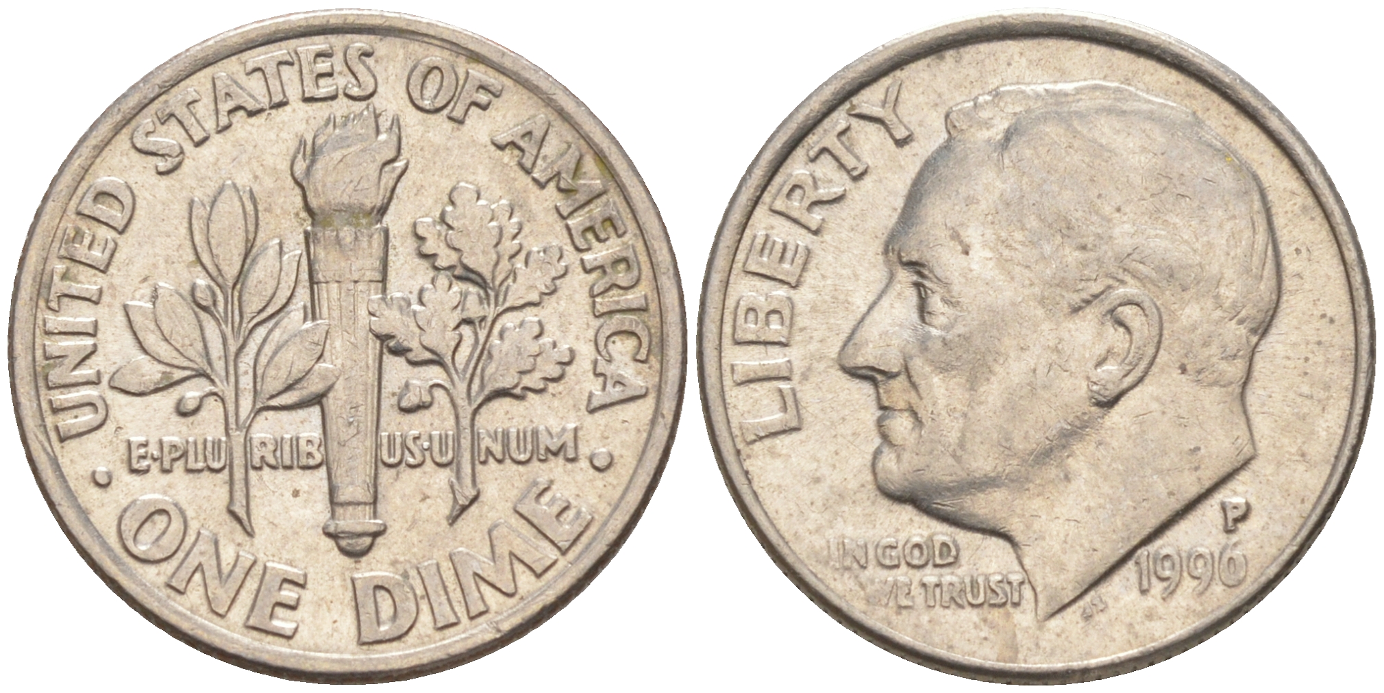 США 10 ЦЕНТОВ = 1 ДАЙМ 1996 P, РУЗВЕЛЬТ KM 195a медь плакированная медно-никелем 187-1117