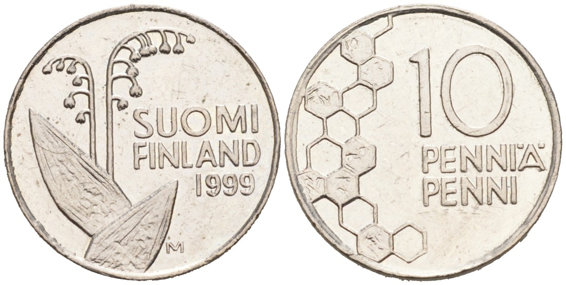 ФИНЛЯНДИЯ 10 ПЕННИ 1999 М, ЛАНДЫШ KM 65 медно-никель 192-1148