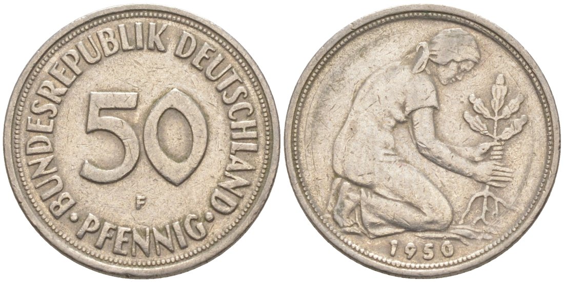ФРГ 50 пфеннигов 1950 F J 384, KM 109.1 медно-никель 63-312