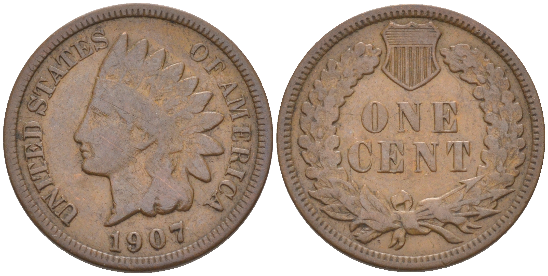 США 1 ЦЕНТ 1907 ИНДЕЕЦ KM 90a бронза 187-1128