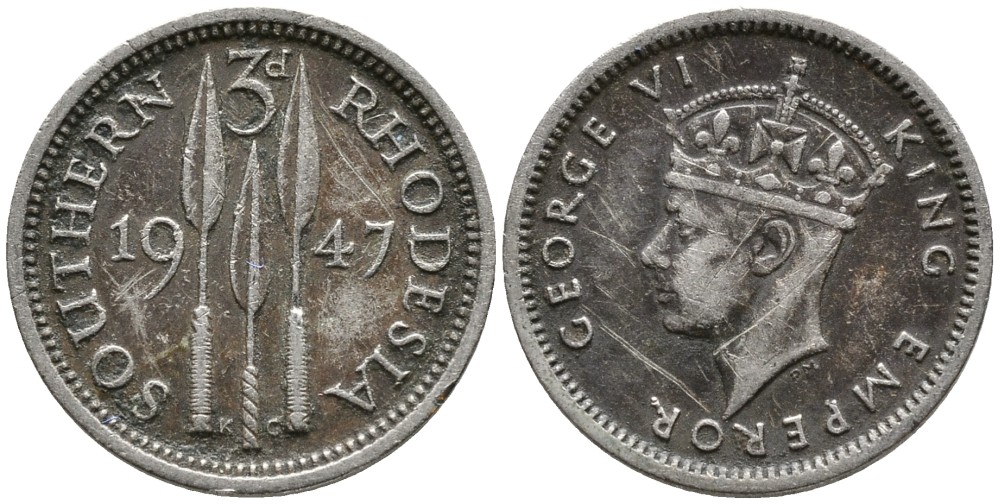 Британская Южная Родезия 3 пенса 1947 Георг VI (1936-1952) KM 16b медно-никель 4532-231