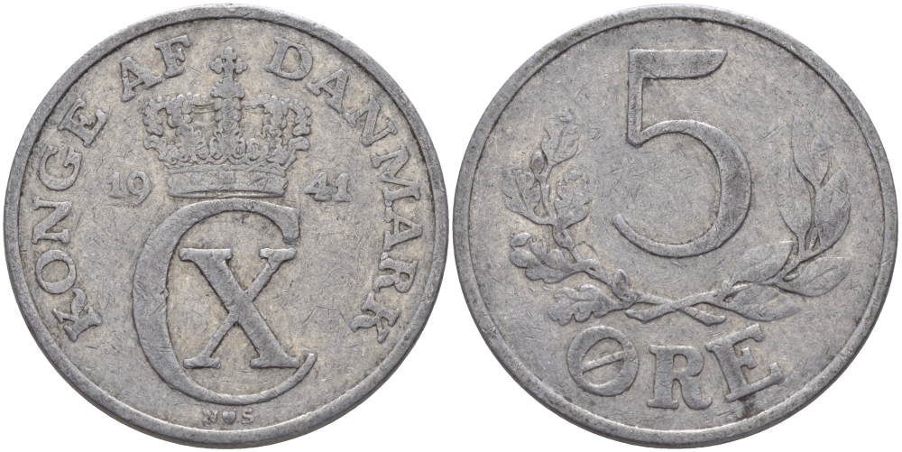 ДАНИЯ 5 ЭРЕ 1941 N ; S, КРИСТИАН X (1912-1947) KM 834 алюминий 97-1136