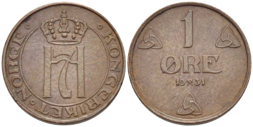 НОРВЕГИЯ 1 ЭРЕ 1931 ХОКОН VII (1905-1957) KM 367 бронза 116-1054