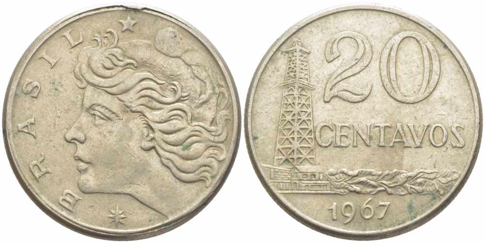Бразилия 20 сентаво 1967 голова Свободы влево KM 579.1, Schon 84 медно-никель 73-1455
