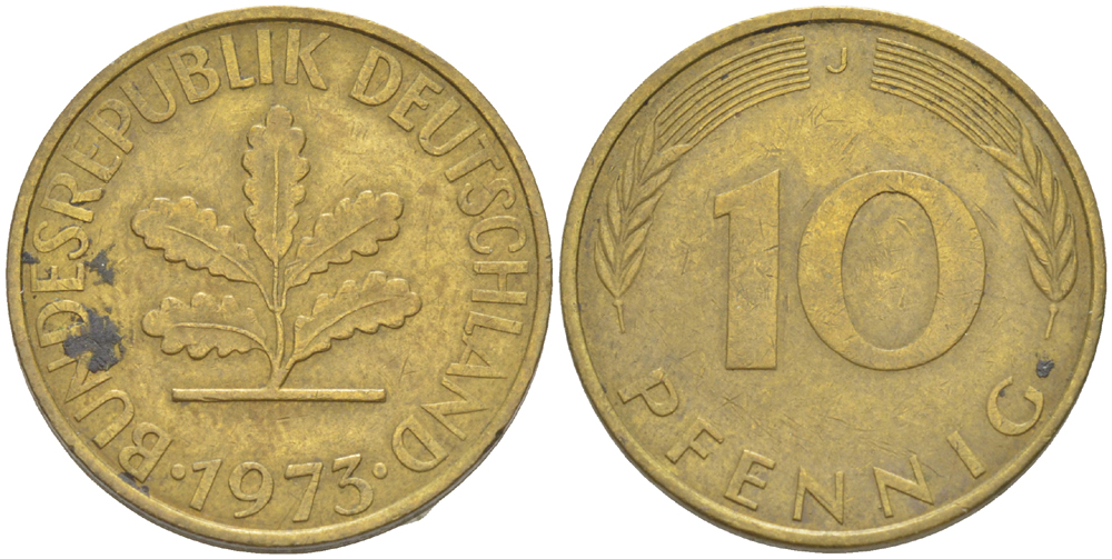 ФРГ 10 ПФЕННИГОВ 1973 J KM 108, J. 383 сталь плакированная латунью 4182-835