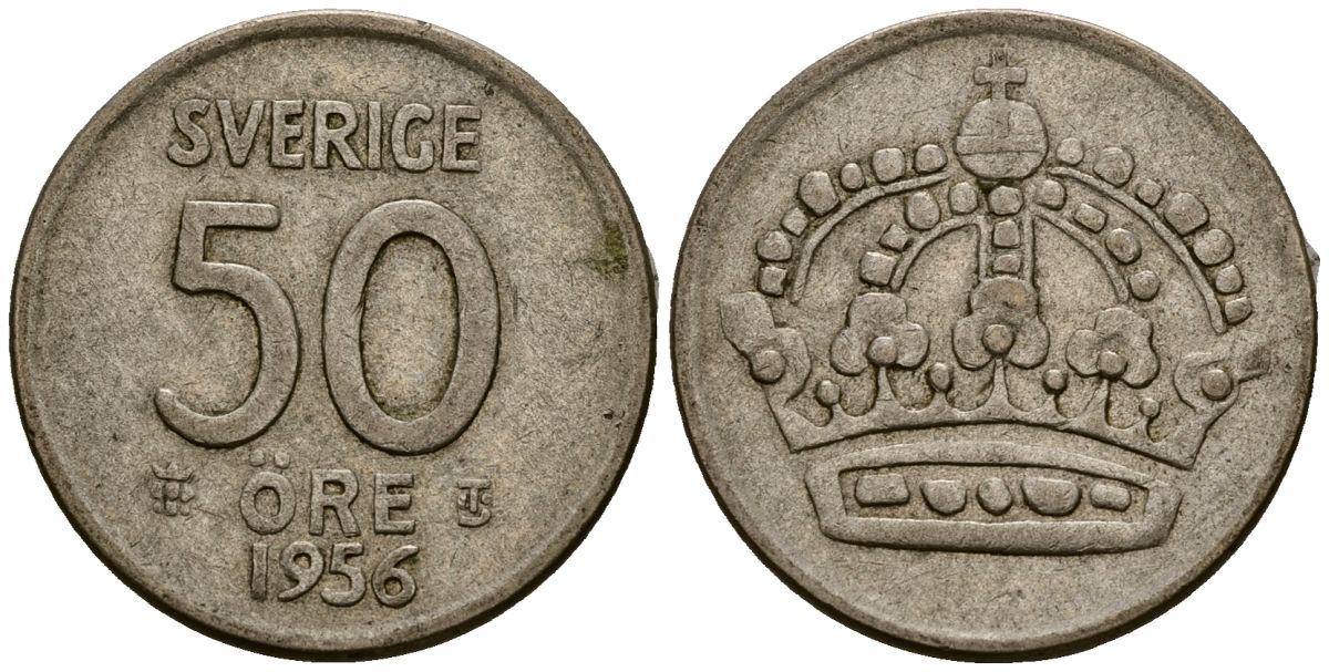 Швеция 50 эре 1956 Густав VI Адольф (1950-1973) KM 825 серебро 4177-936