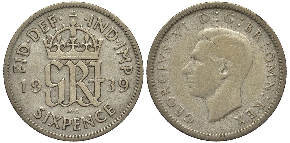 Великобритания 6 пенсов 1939 Георг VI (1936-1952) KM 852, Spink 4084 серебро 4538-436