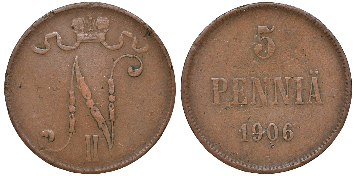 Россия для Финляндии 5 пенни 1906 Биткин 447 медь 53-452