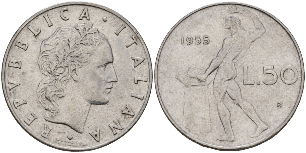 Италия 50 лир 1955 R, бог Вулкан у наковальни KM 95.1 нержавеющая сталь 4156-724