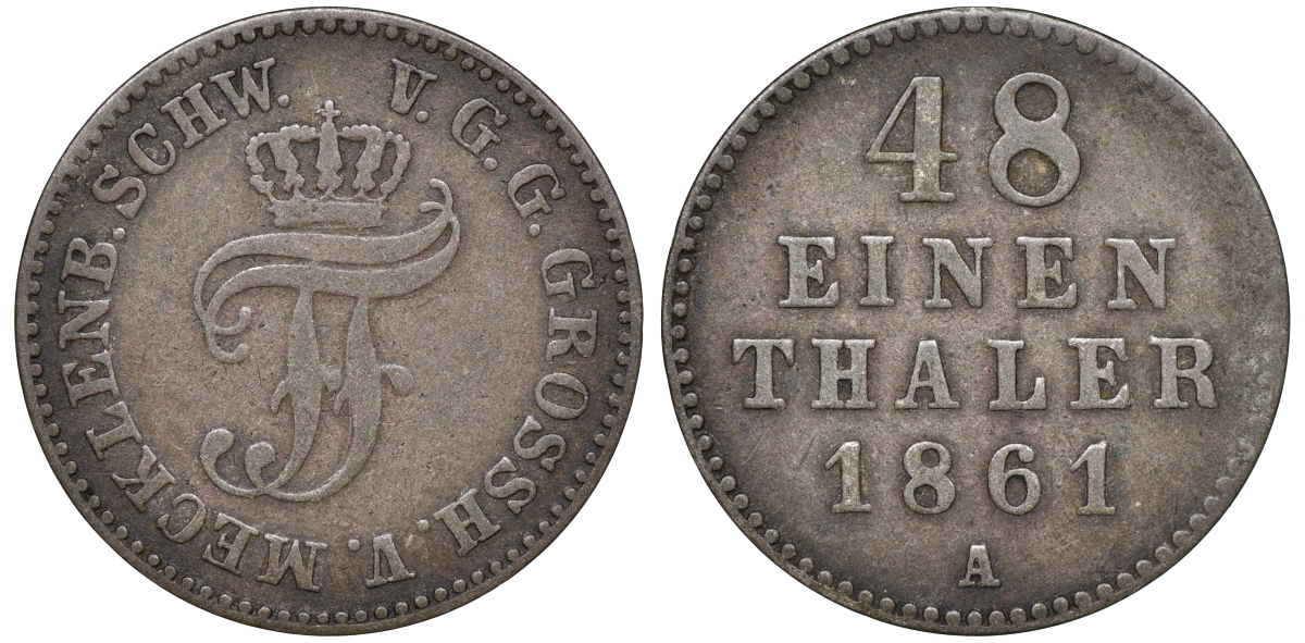 Мекленбург-Шверин 1/48 талера 1861 A, Фридрих Франц II (1842-1883) KM 311 серебро 4516-547
