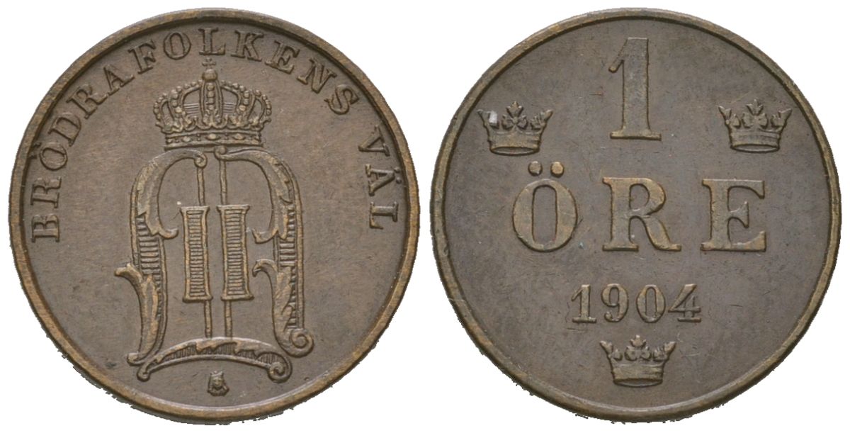 Швеция 1 эре 1904 Оскар II (1872-1907) KM 750 бронза 4611-337