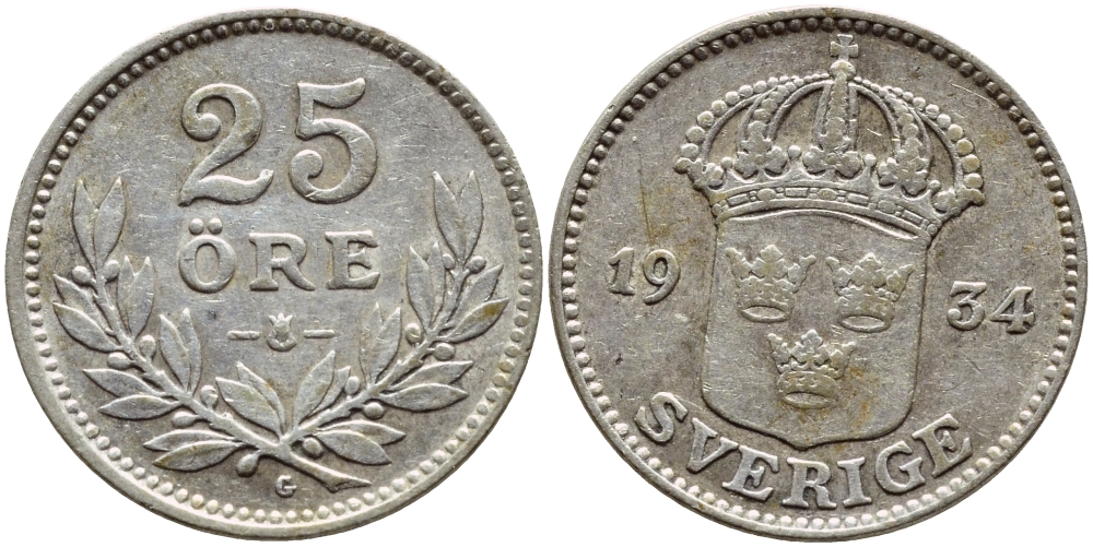 Швеция 25 эре 1934 G, Густав V (1907-1950) KM 785 серебро 1530-841