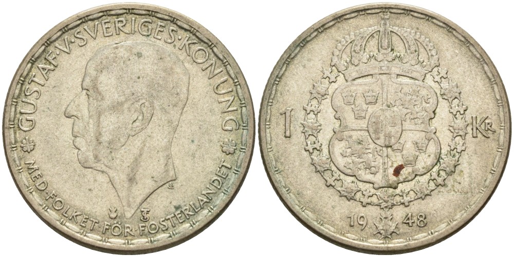Швеция 1 крона 1948 TS, Густав V (1907-1950) KM 814 серебро 3457-126