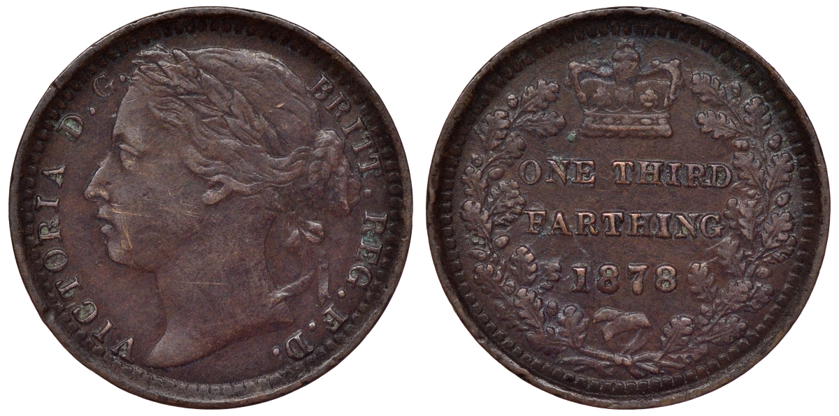 Великобритания 1/3 фартинга 1878 Виктория (1837-1901) KM 750, Spink 3960 бронза 1531-235