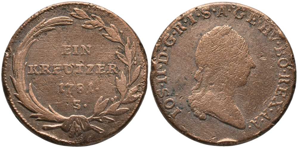 АВСТРИЯ 1 КРЕЙЦЕР 1781 S, ЖОЗЕФ II (1780-1790) KM 2053 медь 117-524