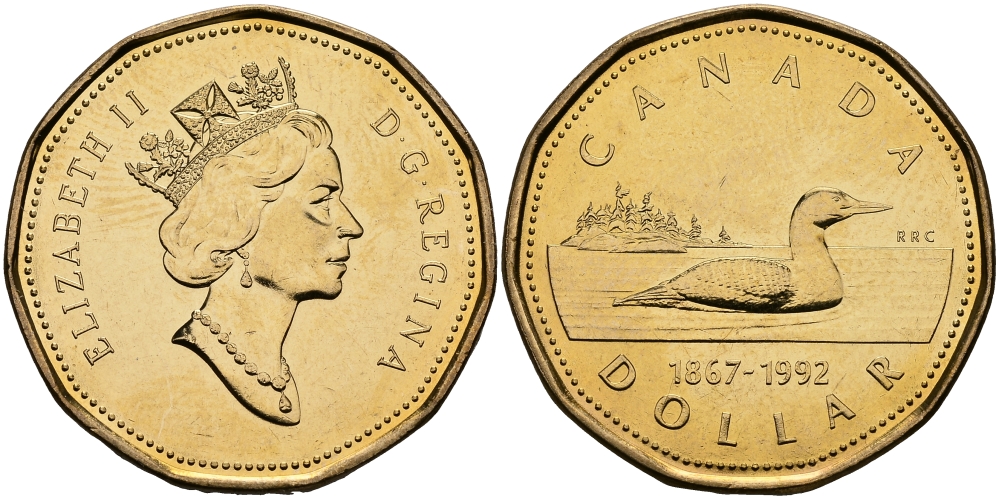 Канада 1 доллар 1992 125 лет конфедерации, красноклювая гагара KM 209 никель плакированный бронзой UNC M45-12