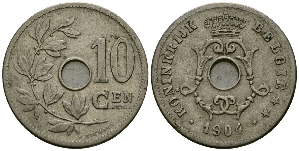 Бельгия 10 сантимов 1904 Belgie KM 53 медно-никель 4172-1147