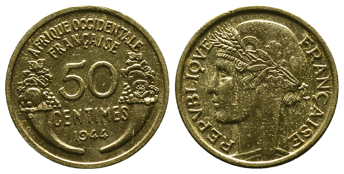 Французская Западная Африка 50 сантимов 1944 редкая KM 1, Lec 1 алюминиевая бронза aUNC 4381-929