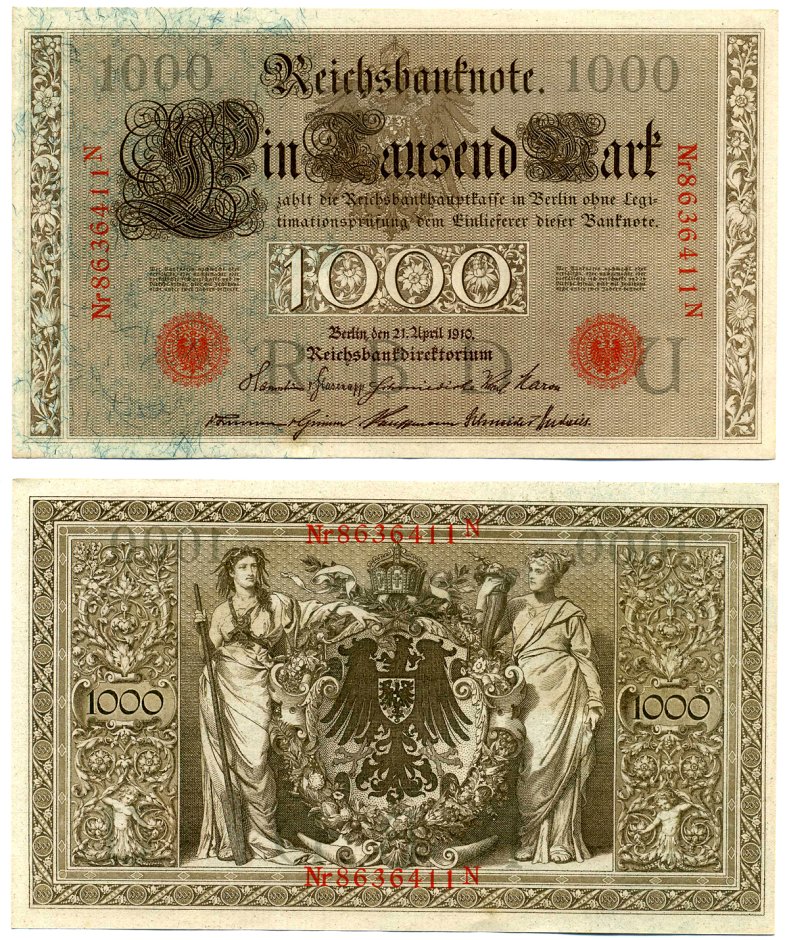 Германия 1000 марок 1910 21 апреля 1910, буква U, номер семизначный, серия N, выпуск (10.1922) Pick 44b, Розенберг 45с бумага 8618-20-1-2