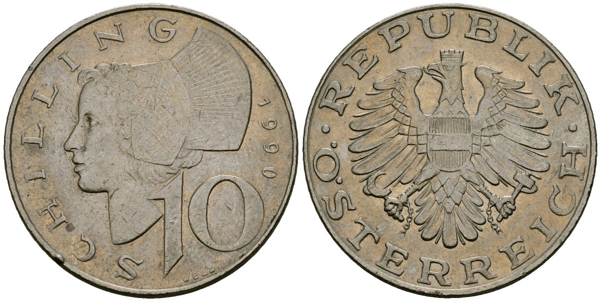 Австрия 10 шиллингов 1990 KM 2918 медно-никель 4167-453