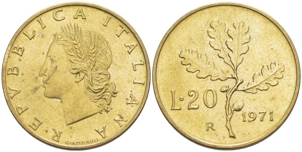 ИТАЛИЯ 20 ЛИР 1971 R KM 97.2 алюминиевая бронза 210-1037
