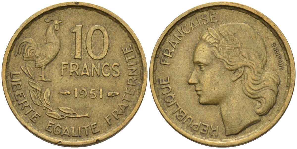 Франция 10 франков 1951 Петух KM 915.1, Le Franc 363.2 алюминиевая бронза 4142-1245