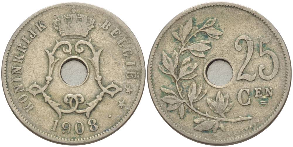 БЕЛЬГИЯ 25 САНТИМОВ 1908 BELGIE KM 63 медно-никель 4544-1223