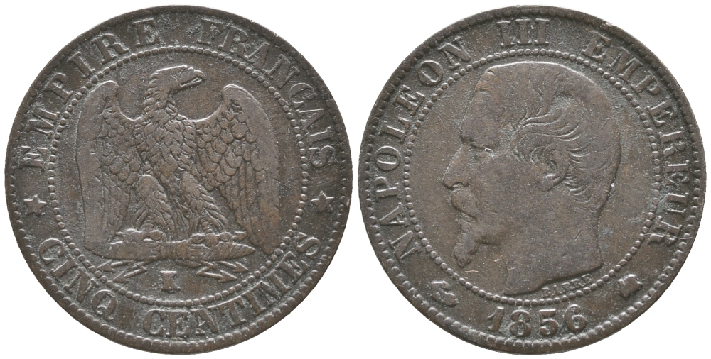 ФРАНЦИЯ 5 САНТИМОВ 1856 K, НАПОЛЕОН III (1852-1870) KM 777.5, LA FRANC 116.34 бронза 34-432