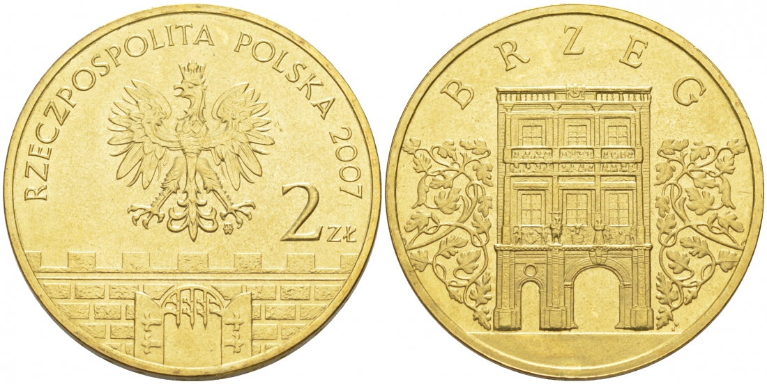 Польша 2 злотых 2007 MW, серия города Польши, Бжег (Brzeg) KM 615 латунь UNC 69-1113