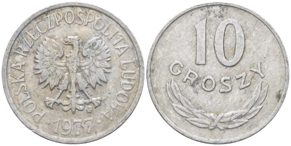 ПОЛЬША 10 ГРОШЕЙ 1977 MW KM AA47, Parchimowicz 206p алюминий 96-1055