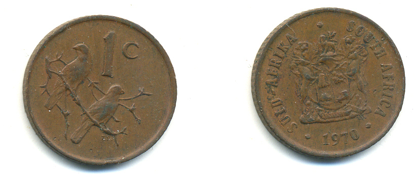 ЮАР 1 ЦЕНТ 1970 ГЕРБ, КАПСКИЕ ВОРОБЬИ KM 82 бронза 83-1026