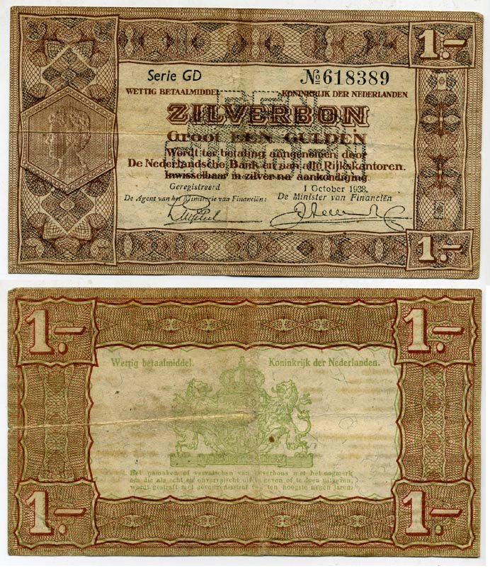Нидерланды 1 гульден 1938 серебряный ваучер, в серии 2 буквы, 6 цифр Pick 61, Akkermans 4.1 b  бумага 7147-18-3-1