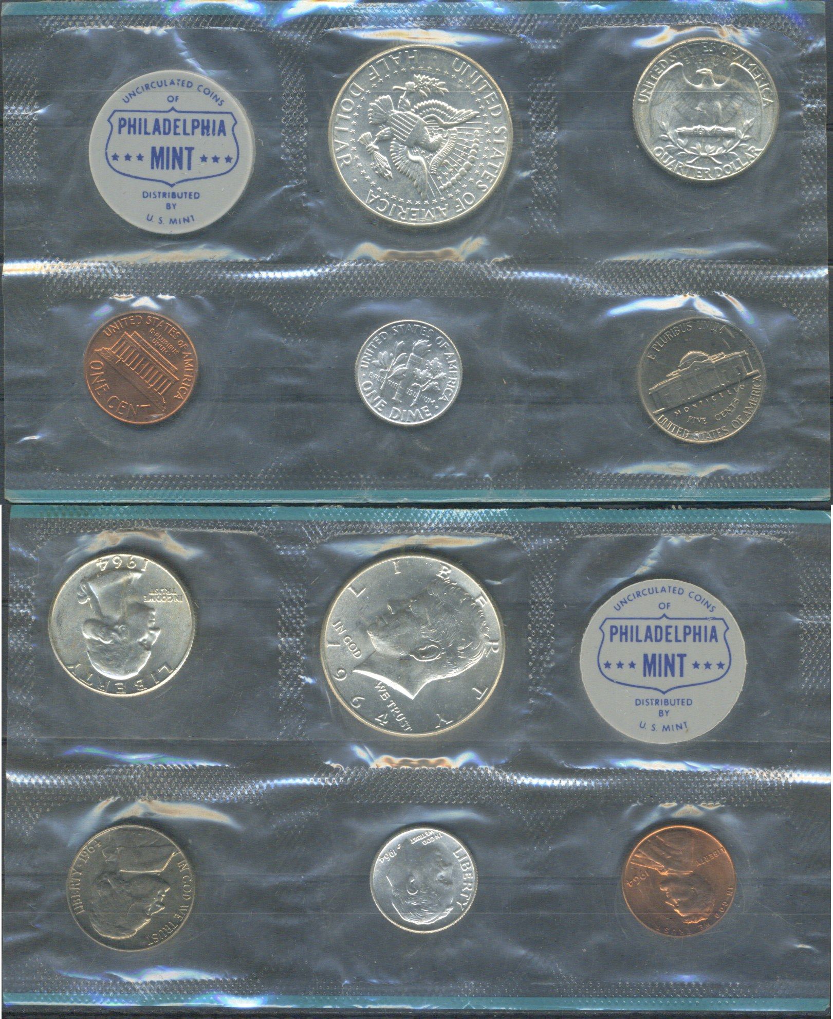 США набор из 5 монет (1, 5, 10 (дайм), 25 (квотер, 1/4 доллара) и 50 (1/2 доллара) центов) и отметки монетного двора 1964 в оригинальной упаковке, в запайке KM MS117 (164, A192, 195, 201 и 202) UNC 8-2-06-05