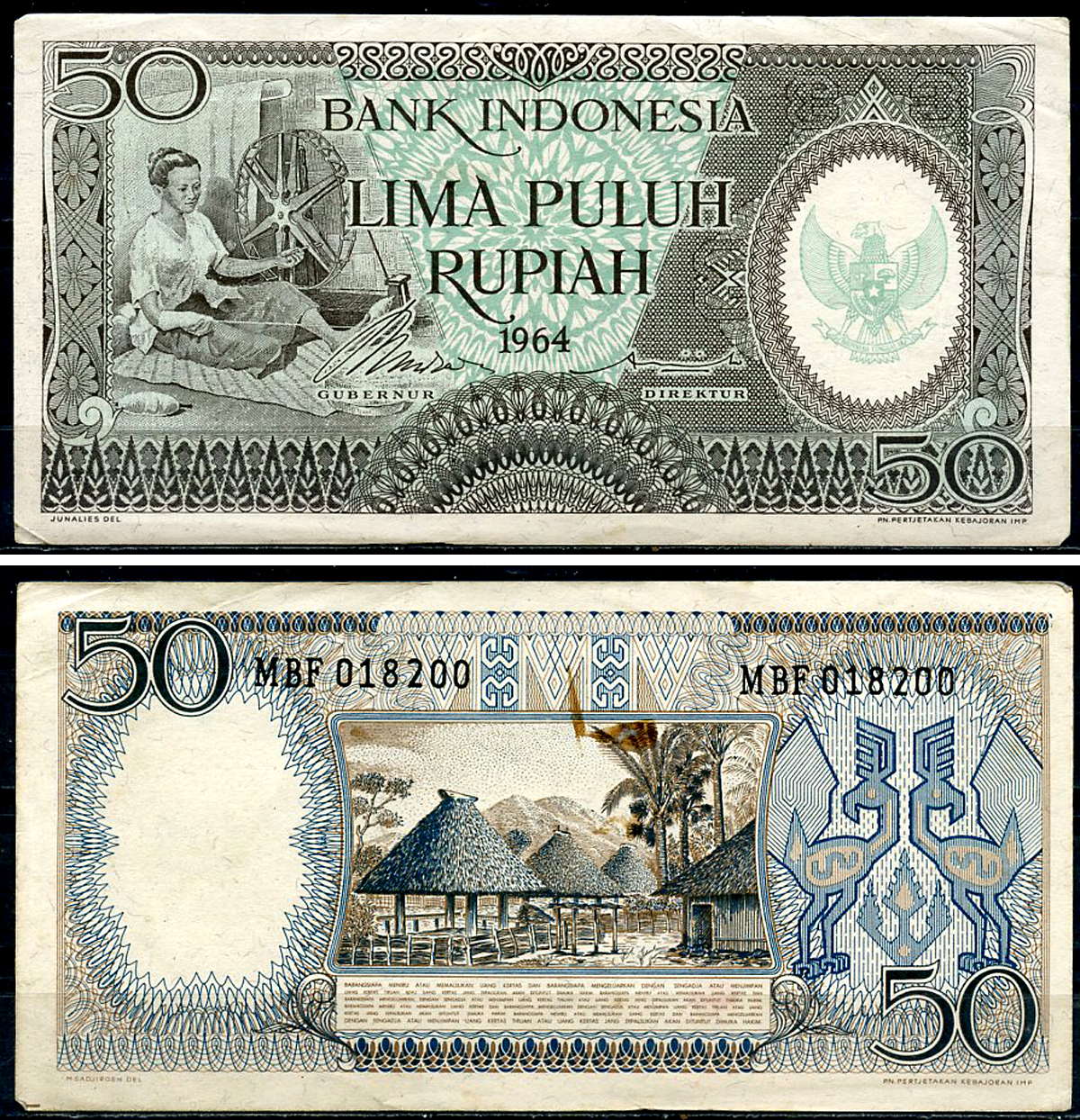 Индонезия 50 рупий 1964 женщина за прялкой, деревня Pick 96  бумага  aUNC 8611-7-1-2