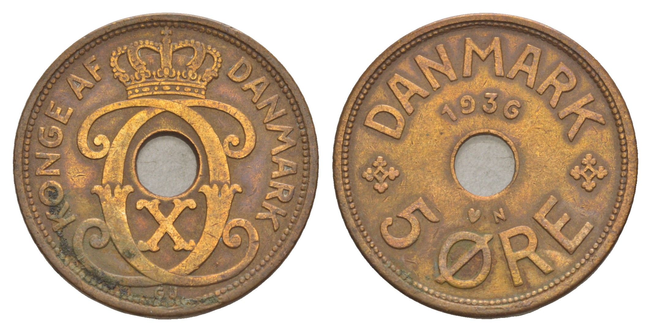 Дания 5 эре 1936 N, Кристиан X (1912-1947) KM 828 бронза 4638-625