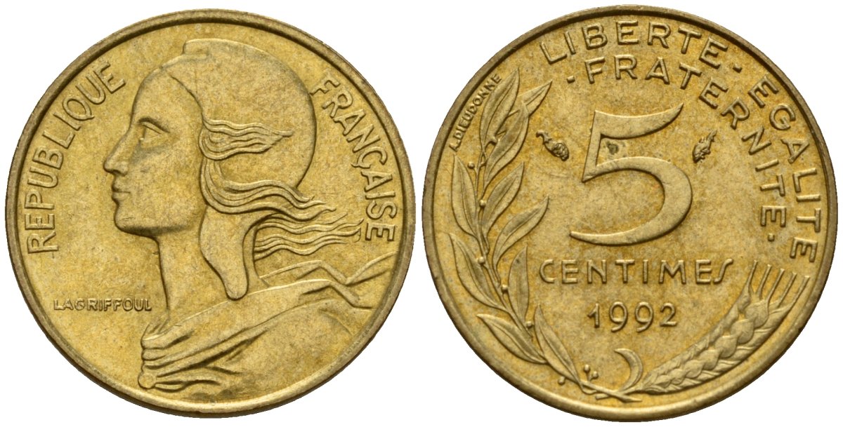 Франция 5 сантимов 1992 KM 933 алюминиевая бронза 4154-1064