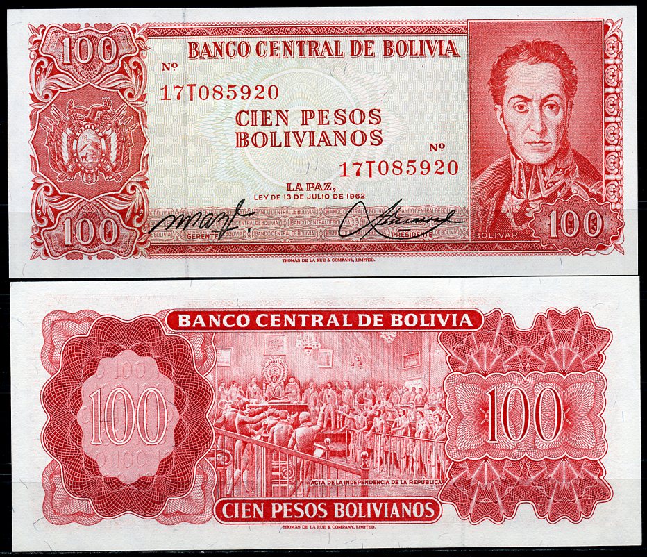 Боливия 100 песо боливиано 1962 серия красная 17B, Симон Боливар, декларация независимости Pick 164A (2)  бумага  UNC (пресс) 447-40-1