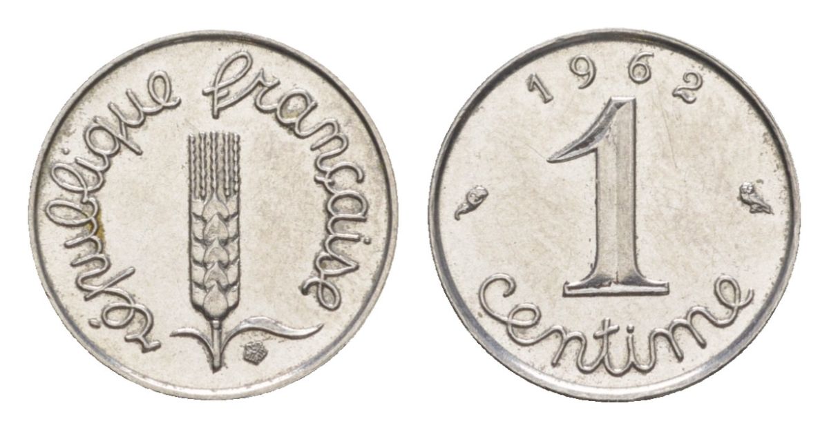 Франция 1 сантим 1962 пятая республика KM 928, Le Franc 106.4 нержавеющая сталь UNC 4630-313