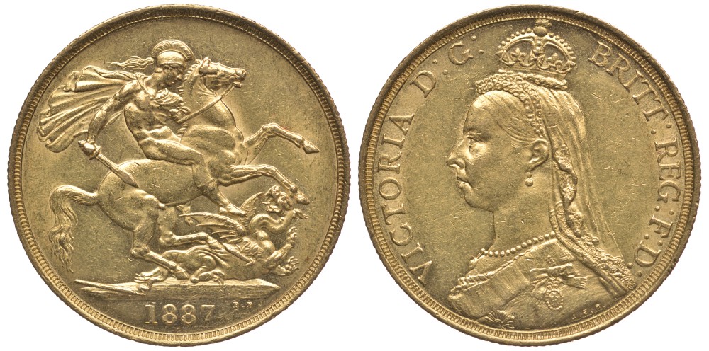 Великобритания 2 фунта 1887 Виктория (1837-1901) KM 768, Spink 3865 золото 00-000-00