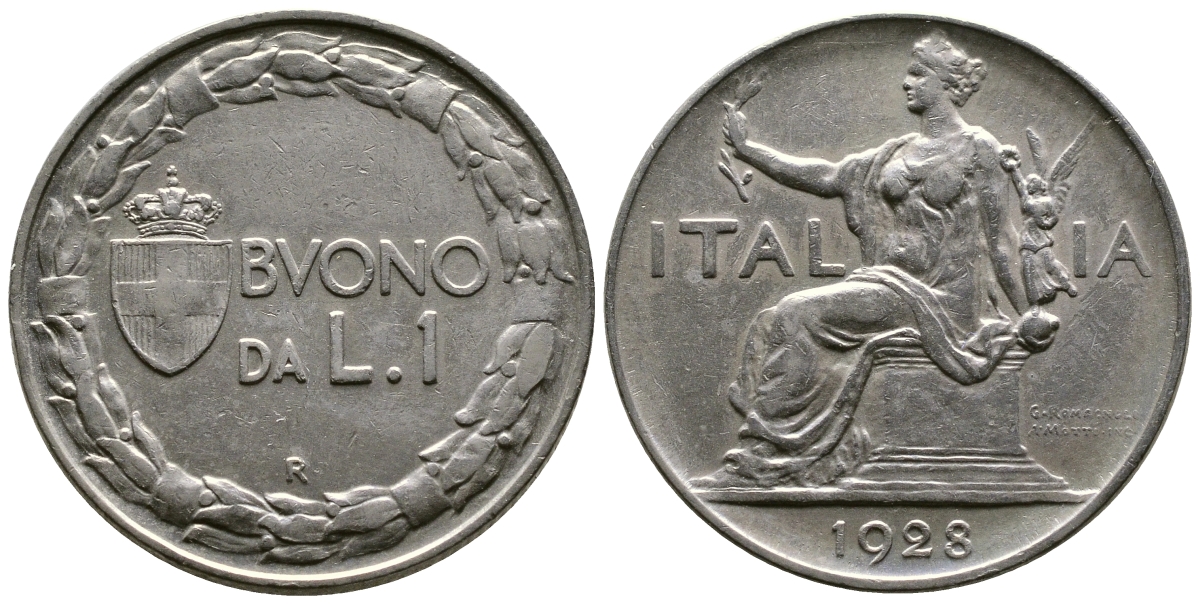 ИТАЛИЯ 1 ЛИРА 1928 R, ВИКТОР ИМАНУИЛ III KM 62 никель 51-1544