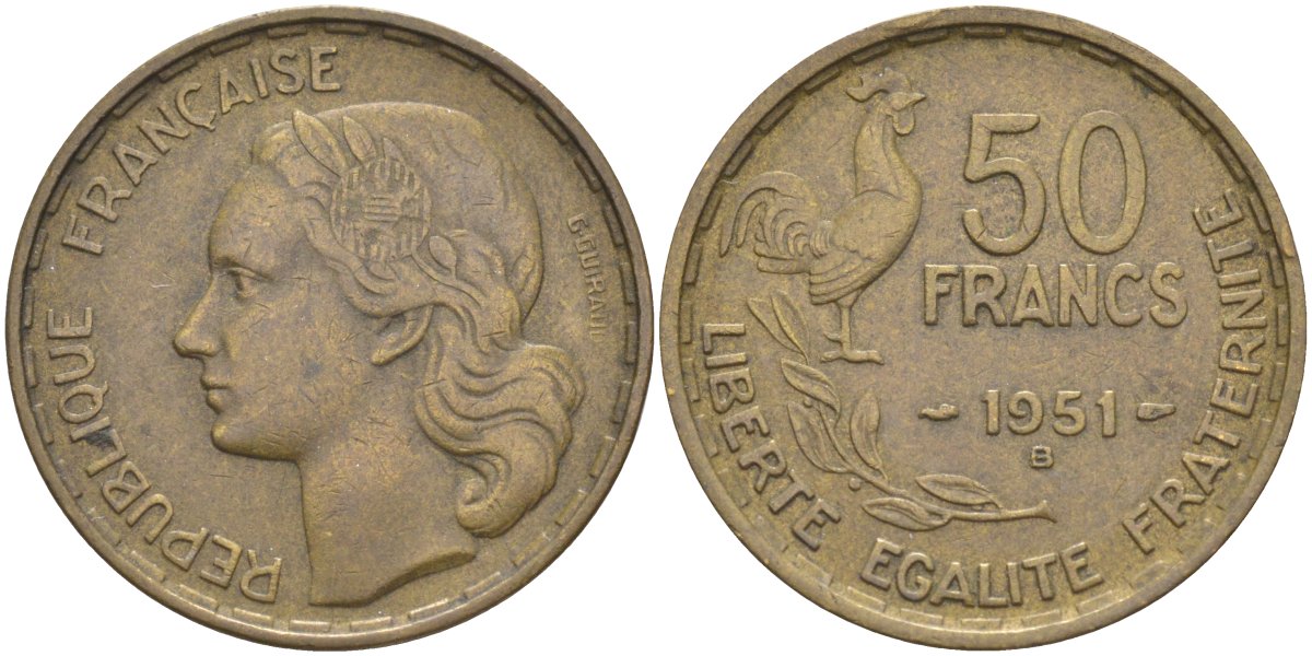 Франция 50 франков 1951 В, петух KM 918.2, Le Frank 425.6 алюминиевая бронза 3855-1125